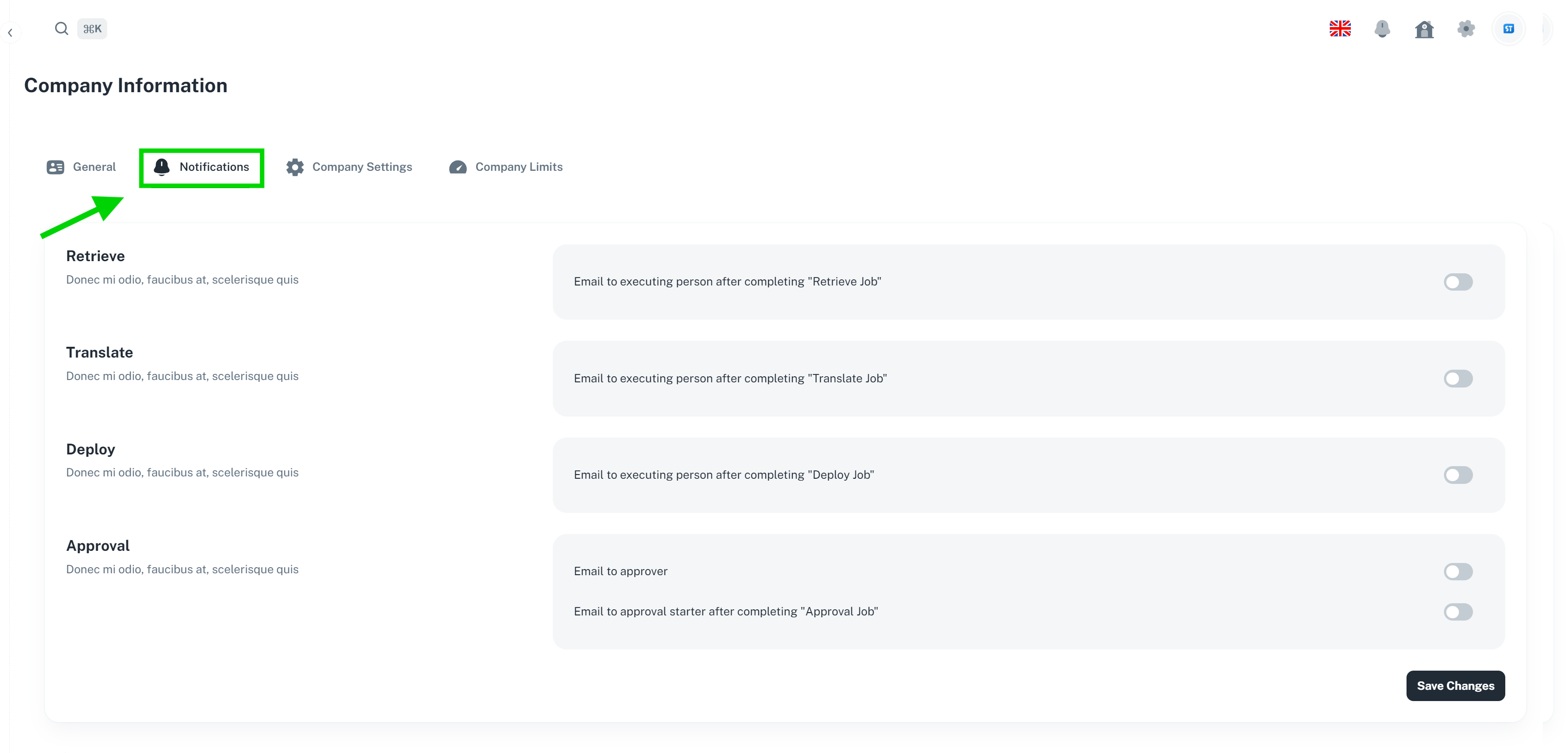 The picture shows us where we can find Notification panel in Company Inforamtion Page.