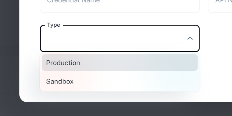 The picture shows us that there is two types of Credentials that we can choose. Production and Sandbox.