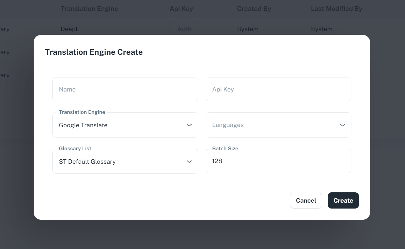 The picture shows us the panel for tanslation Engine creation.