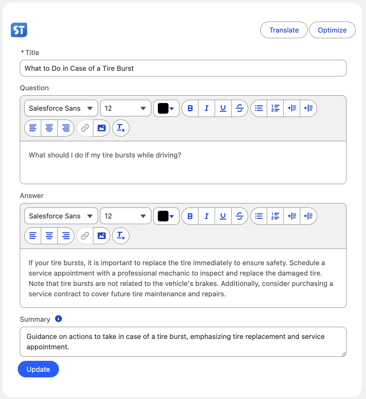 The picture shows us the Field Optimizer edit form.