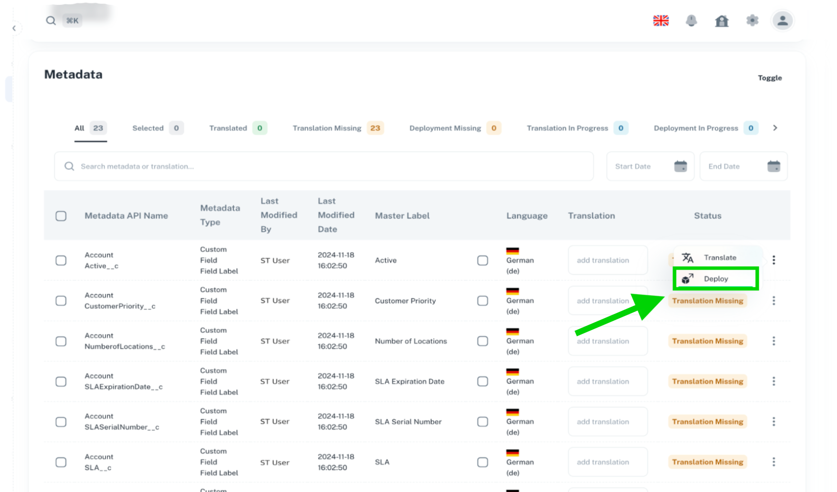 The picture shows us where is the Deploy button in the List.