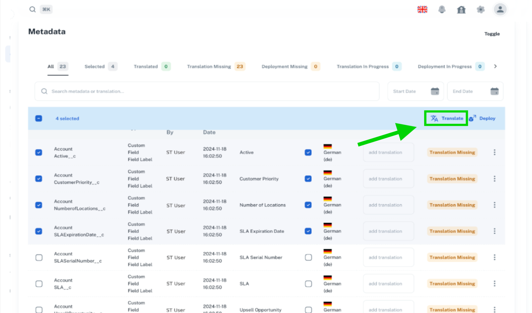 The picture shows us where is the Translate button where we can translate multiple metadatas in the List.